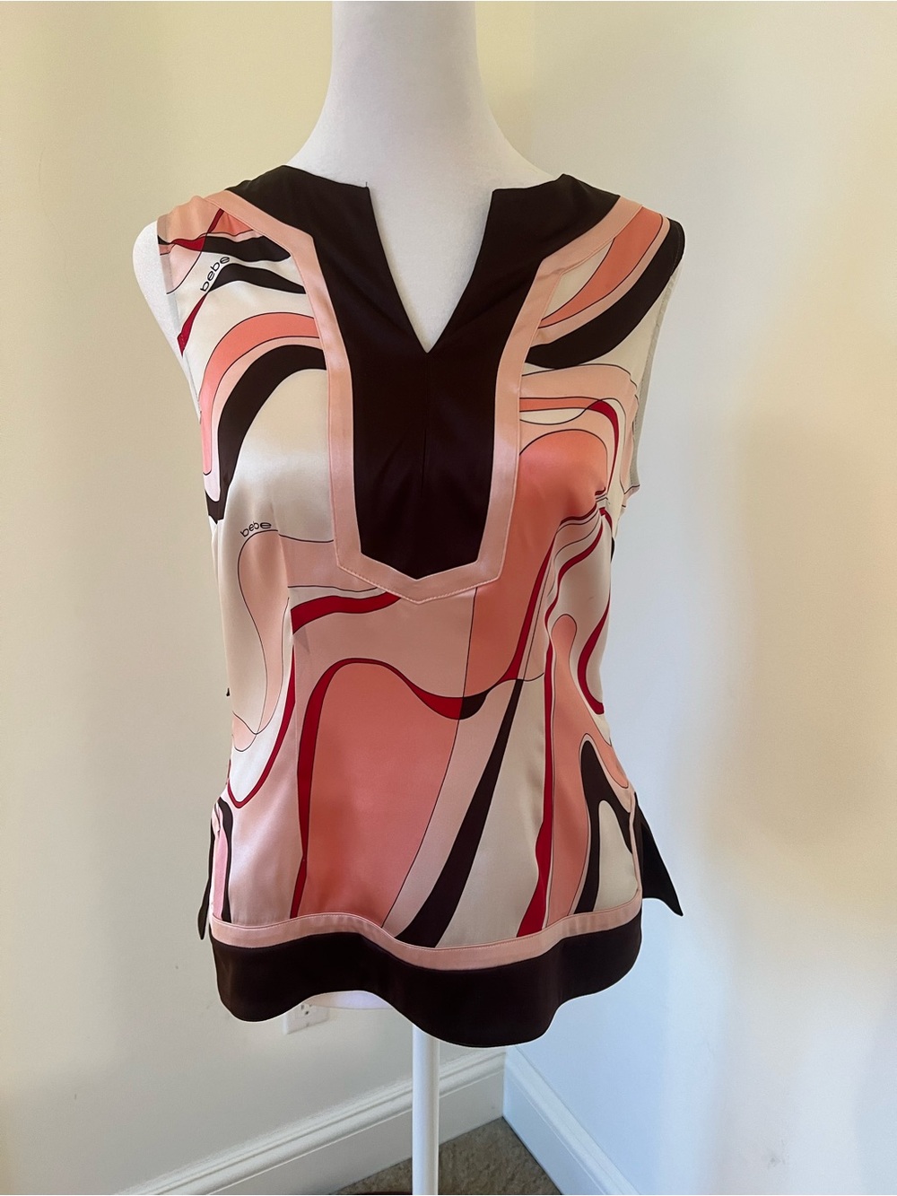 bebe Pink and Black Swirl Print V-Notch Camisole
